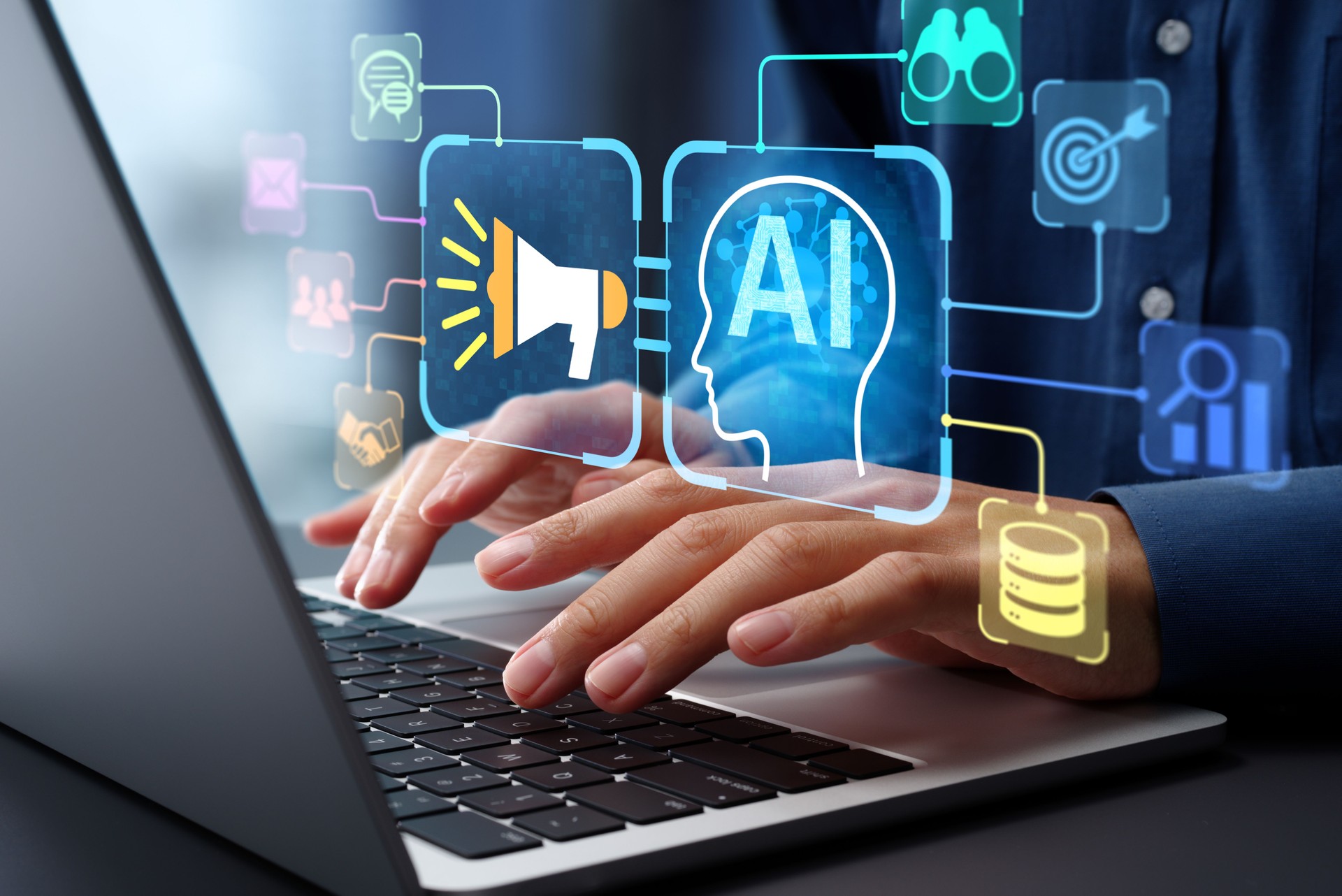 AI agent and marketing promotion automation technology. Advertisement AD and campaign management. Businessman using laptop computer to give instructions to artificial intelligence at desk in office.